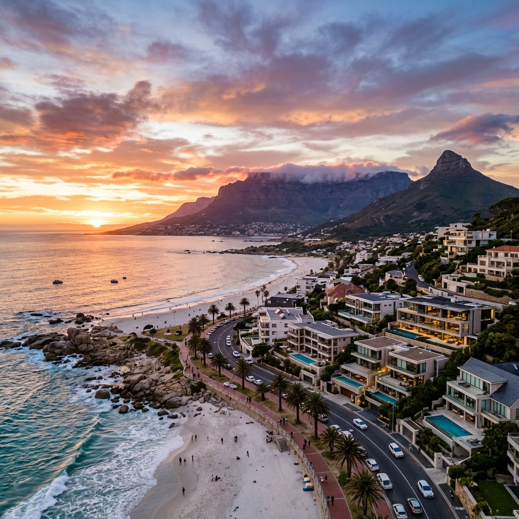 Кейптаун 2026: район Sea Point на фоне Столовой горы на закате